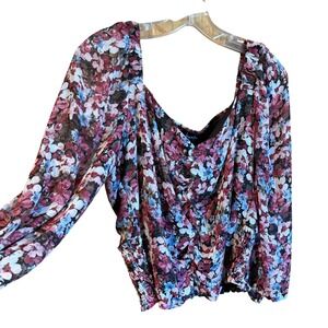 By & By Large Floral Blouse Smocked Waist Long Sleeve‎ Square Neck Top Large